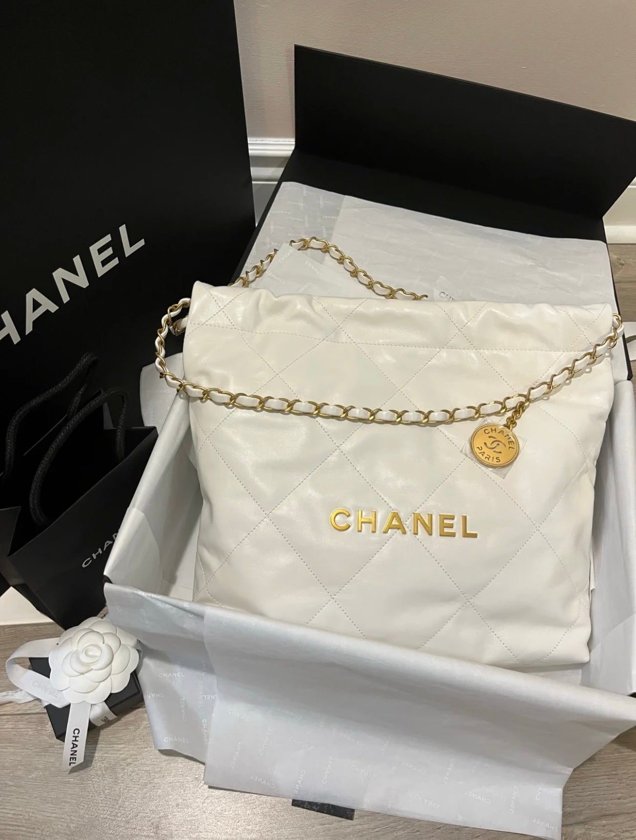 Chanel Classic 22 quilted leather and chain shoulder strap shopping bag