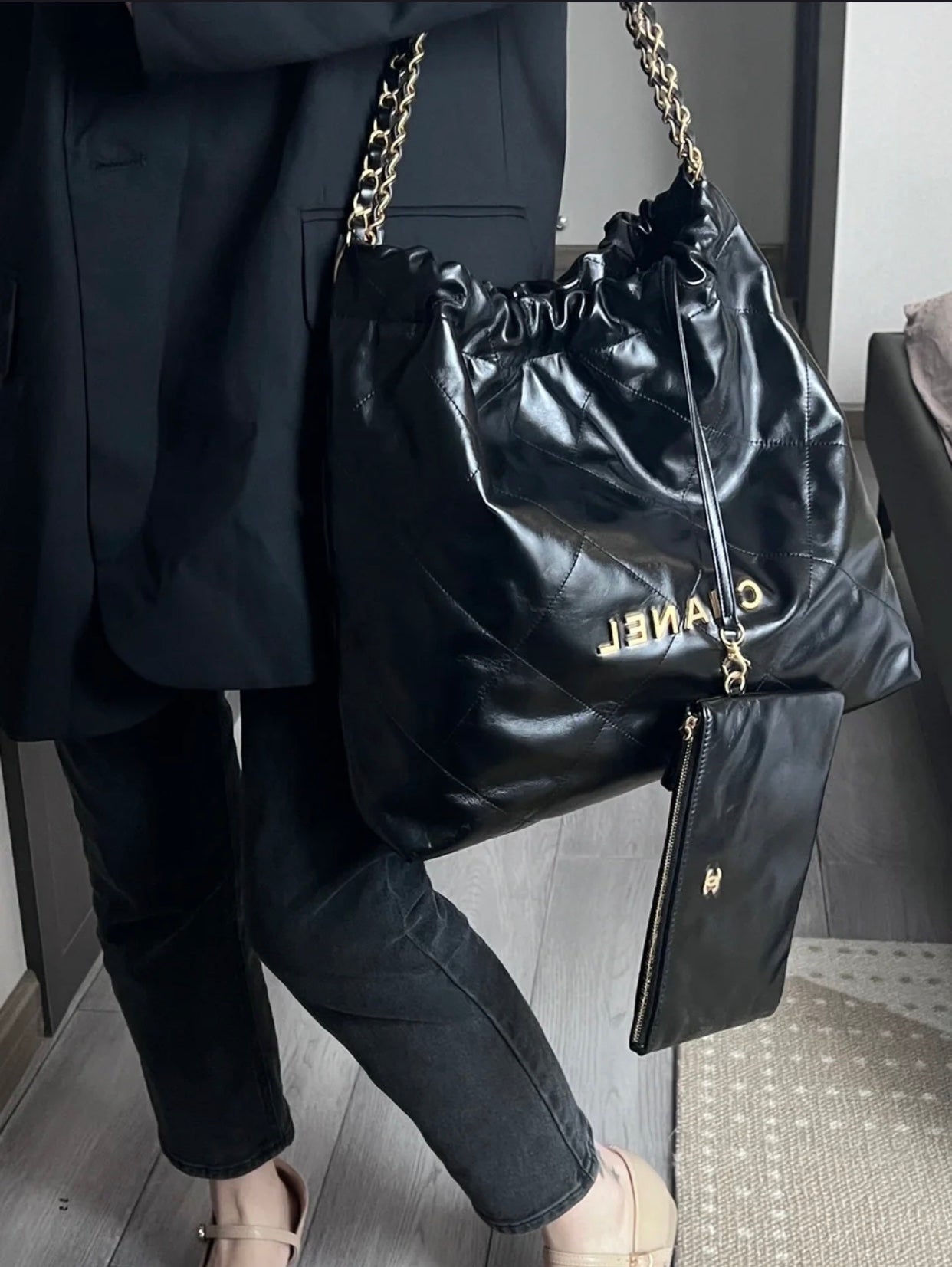 Chanel's new 22S classic diamond quilted and leather chain shoulder strap shopping bag