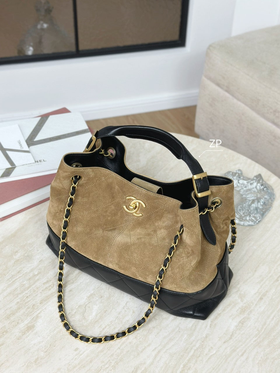 Cowhide double C design large capacity bucket bag