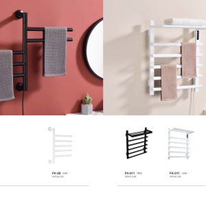 FK-09 & FK-011 Premium Electric Heated Towel Rack Collection with Rotating Bars, Storage Shelf & Smart Temperature Control